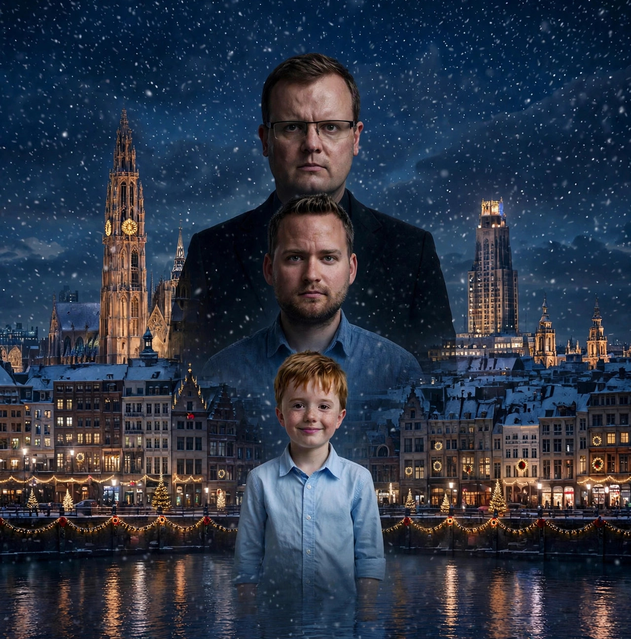 Promobeeld van 'A Queer Christmas Carol'.
									  Het beeld toont een nachtelijke skyline van Antwerpen,
									  met vooraan de stadslichtjes die reflecteren op het water van de Schelde
									  en achteraan de Onze-Lieve-Vrouwekathedraal en de Boerentoren
									  tegen een donkerblauwe nachthemel vol sneeuwvlokjes. De daken van de huizen zijn besneeuwd.
									  Op de voorgrond in het midden zien we driemaal het hoofdpersonage Scrooge,
									  telkens een torso die naar beneden toe vervaagt en opgaat in de achtergrond.
									  Van boven naar onder zien we eerst de Scrooge uit het heden:
									  een wat oudere, zuur kijkende man, strak in het pak.
									  Daaronder zien we een volwassen, maar jongere Scrooge:
									  hij kijkt serieus en een beetje bezorgd en draagt een eenvoudig blauw hemd.
									  Onderaan zien we Scrooge als kind:
									  Een onschuldige, magere jongen met sproeten, met een voorzichtige glimlach op de lippen.
									  Hij draagt een lichtblauw hemd.